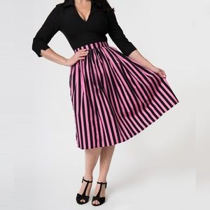 Pink & Black Striped Gathered Cotton Swing Skirt